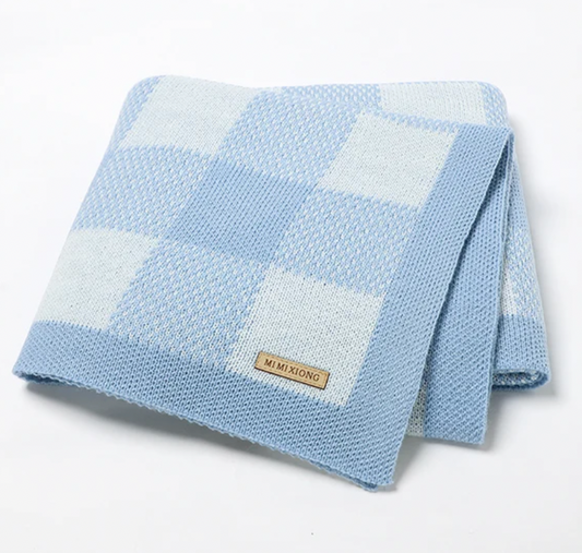 Plaid Knitted Blanket - Sky Blue